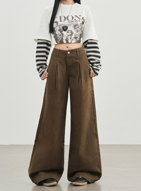 美式复古阔腿牛仔裤女棕咖色高腰褶皱设计长裤宽松垂感直筒拖地裤