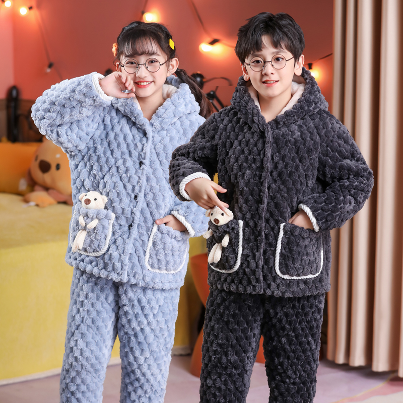 儿童水晶绒睡衣秋冬三层夹棉加厚