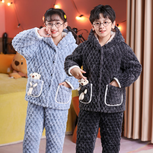 儿童水晶绒睡衣秋冬三层夹棉加厚