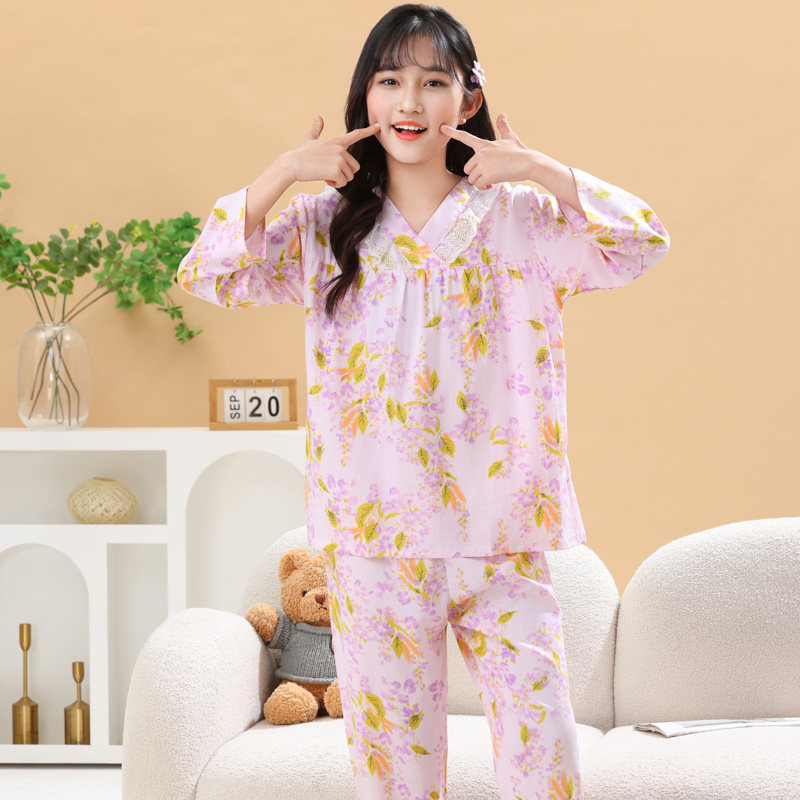 春夏季棉绸睡衣女中大童可外穿家居服蕾丝V领卡通印花绵绸套装薄