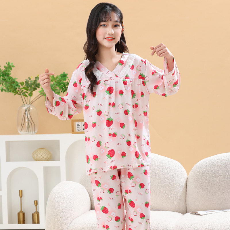 春夏薄款睡衣女棉绸套装V领蕾丝长袖可外穿空调服人造棉家居服装