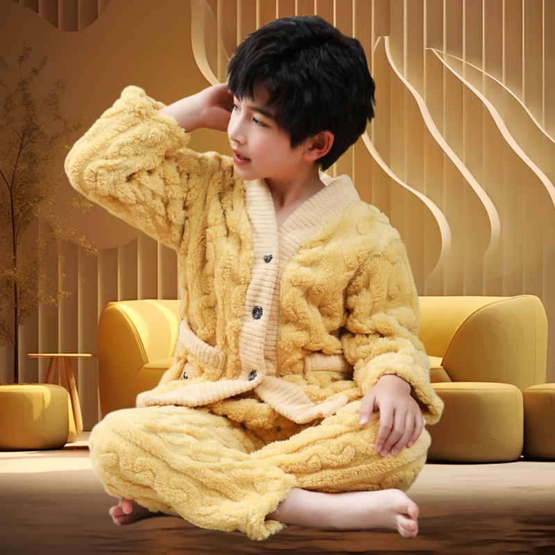 秋冬季法兰绒睡衣冬季男童儿童家居服中大童长袖家居服套装睡衣