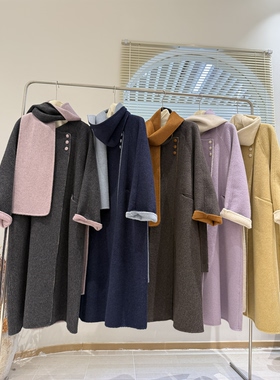 新款高端三粒扣简约大气围巾款AB面拼色双面羊绒大衣长款羊毛外套