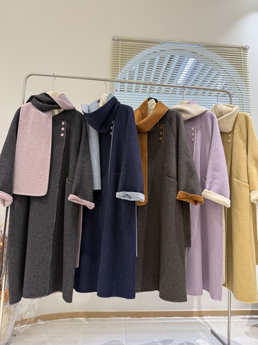 新款高端三粒扣简约大气围巾款AB面拼色双面羊绒大衣长款羊毛外套