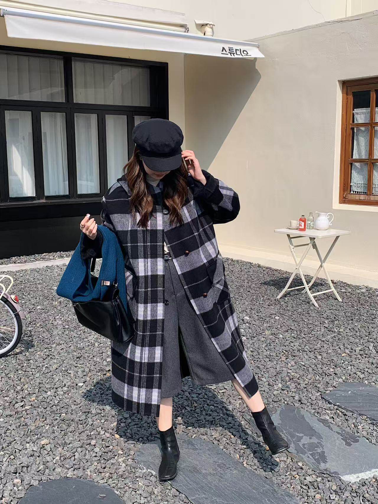 东大门欧韩新款格子连帽双面羊绒大衣女中长款小木扣羊毛呢外套女