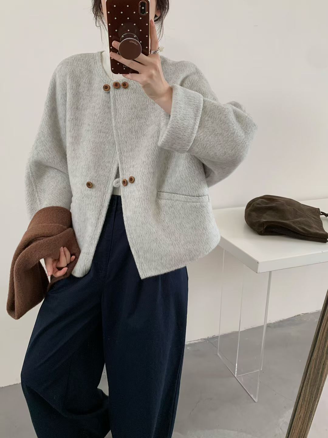 2025新款欧货双面羊绒大衣圆领3粒扣显瘦休闲减龄短羊毛呢外套女