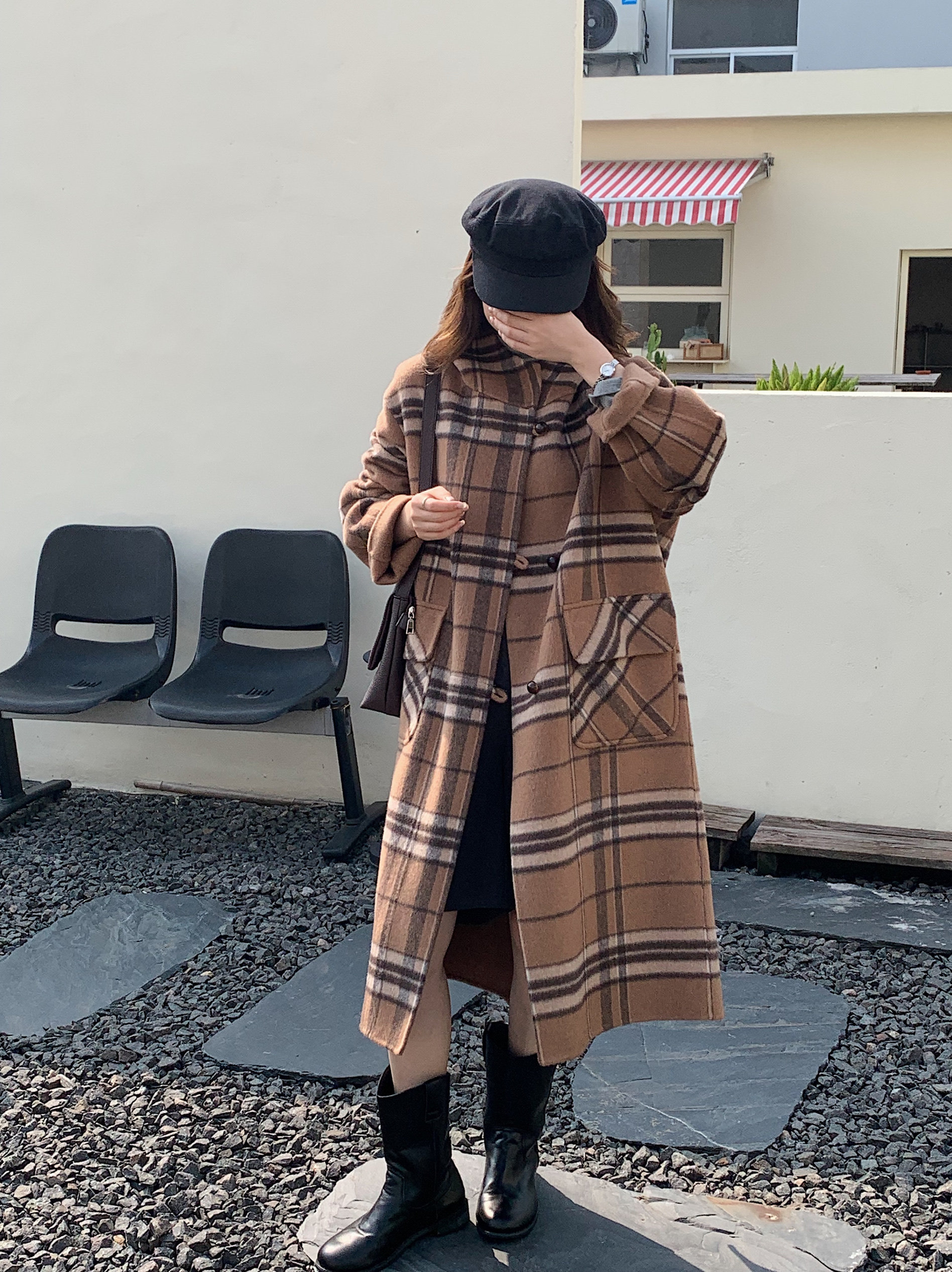 东大门欧韩新款格子双面羊绒大衣女中长款连帽小木扣羊毛呢外套女