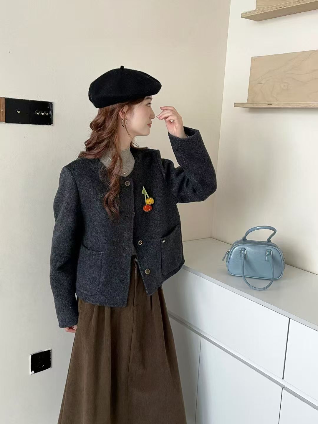 2025新款韩版双面羊绒大衣女短款小个子圆领南瓜休闲羊毛呢外套女