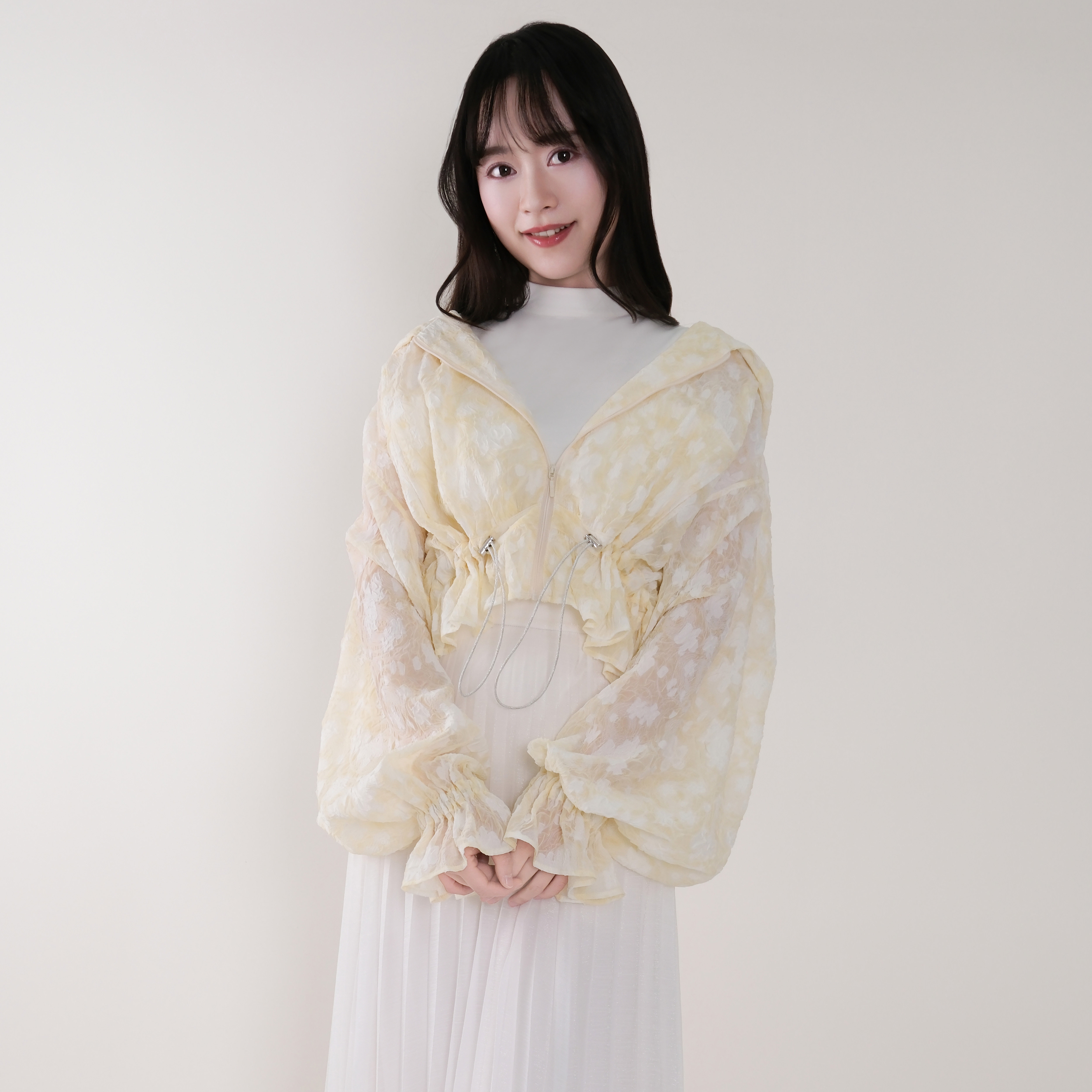 立体提花泡泡袖连帽短外套