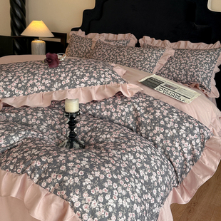 全棉磨毛法式印花床上用品四件套高端花边复古被套纯棉床单田园风