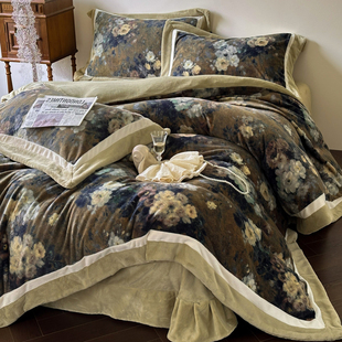 高端复古风牛奶绒深色四件套冬季珊瑚绒被套法式加厚床单轻奢床品