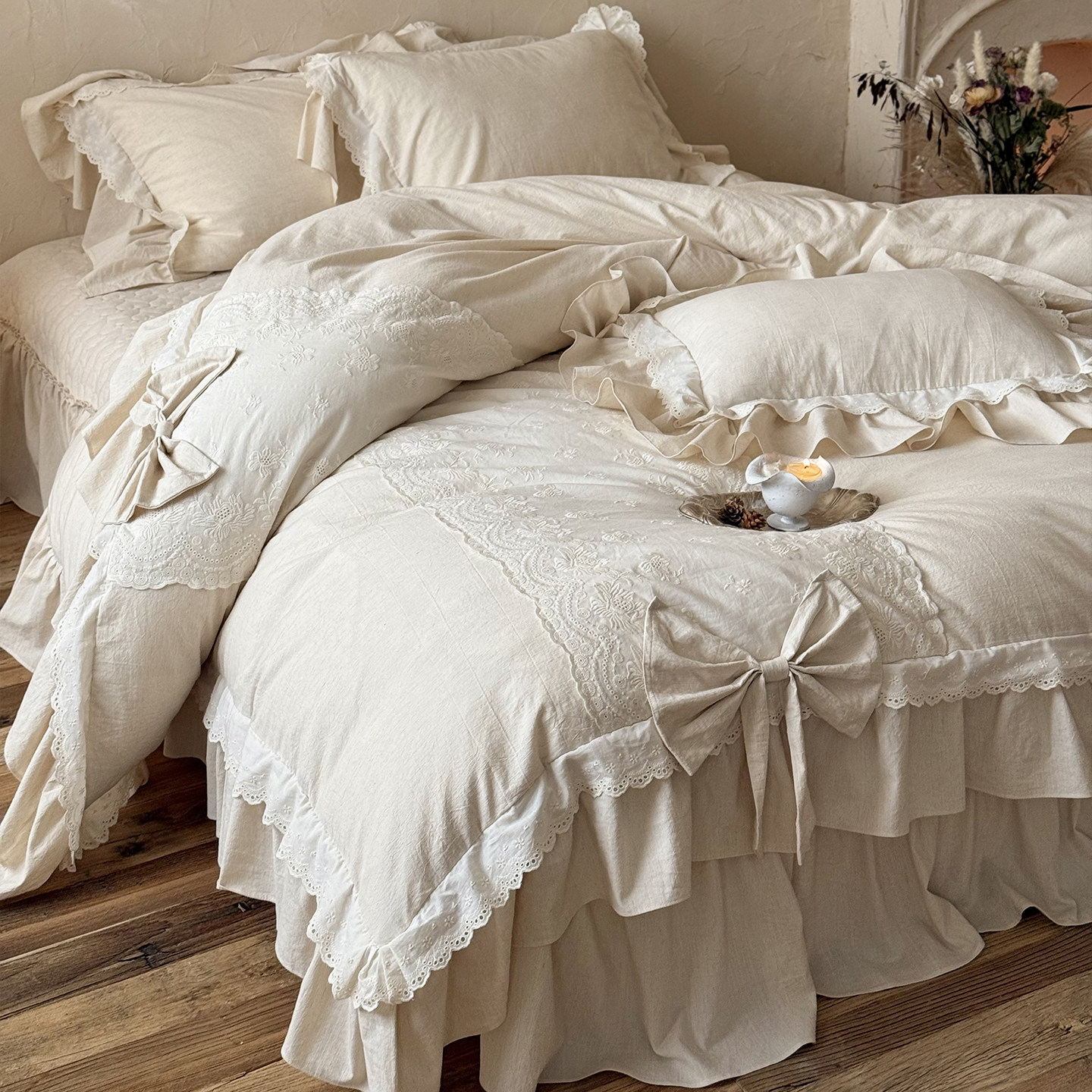 立体蝴蝶结竹节棉麻四件套四季春夏全棉被套纯棉床盖公主风2m床品