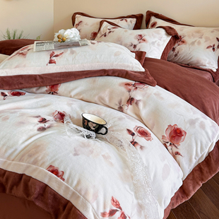 高端复古风牛奶绒玫瑰四件套冬季珊瑚绒被套法式加厚加绒床单床品