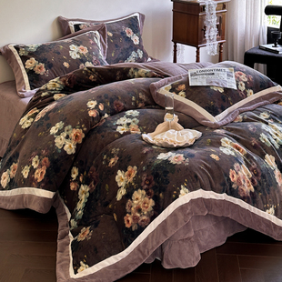 紫色复古风牛奶绒高端四件套加厚法式轻奢被套珊瑚加厚绒床单床品