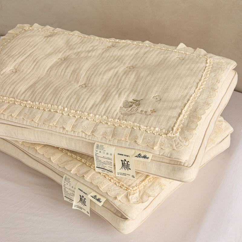 仙气单人枕芯棉麻蚕丝枕头可水洗花边蕾丝米白色复古卧室双人枕头