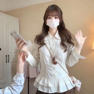 大码 女秋显瘦百搭上衣 胖mm甜美温柔娃娃领系带收腰荷叶边波点衬衫