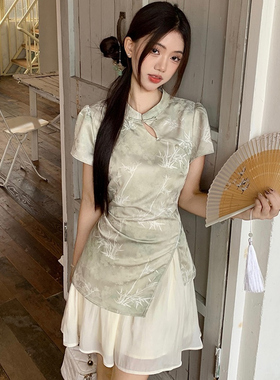大码胖mm新中式国风不规则拼接假两件收腰连衣裙女改良绿色旗袍裙