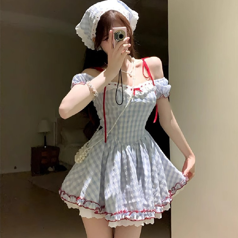 大码胖mm纯欲甜美多巴胺方领蕾丝收腰格纹连衣裙女夏显瘦公主短裙,女装/女士精品,大码连衣裙,淘宝优惠券,粉丝福利购,淘宝优惠卷