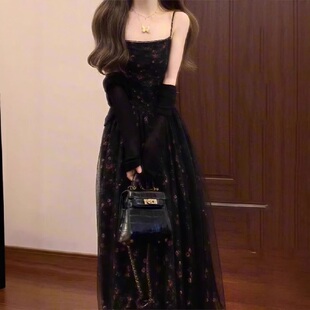 大码 女夏显瘦两件套 胖mm纯欲网纱拼接收腰黑色碎花吊带连衣裙开衫