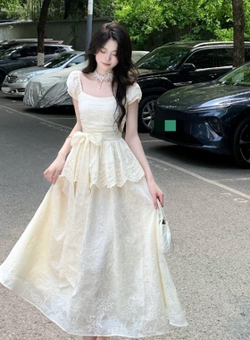 大码胖mm法式甜美方领蝴蝶结收腰假两件白色连衣裙女初恋气质长裙