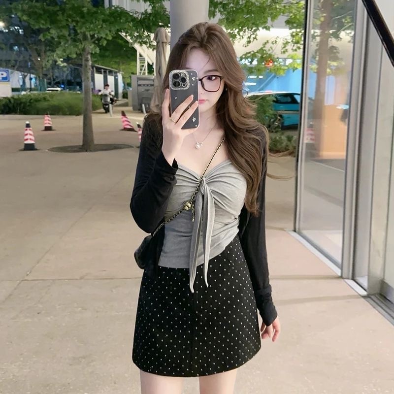 韩系欧尼纯欲蝴蝶结吊带开衫半裙