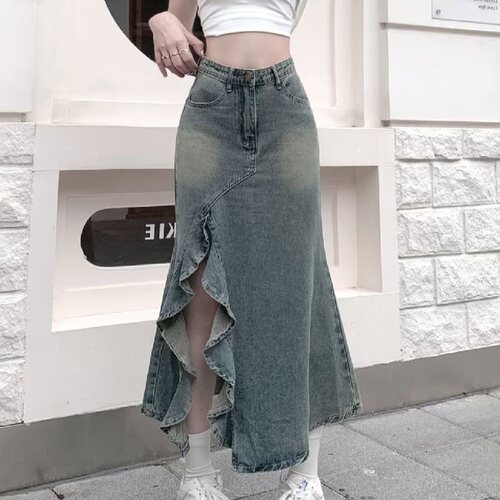 美式复古辣妹荷叶边开叉牛仔半裙