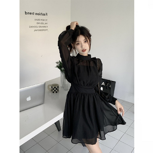 小黑裙 雪纺收腰连衣裙女气质显瘦中长款 大码 胖mm赫本风高级感长袖
