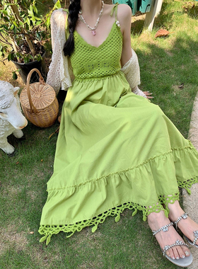 大码胖mm多巴胺温柔风显白绿色镂空吊带连衣裙开衫女秋显瘦两件套