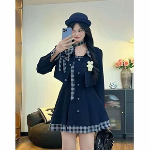 大码胖mm法式学院风格纹拼接西装短外套吊带连衣裙女显瘦两件套装