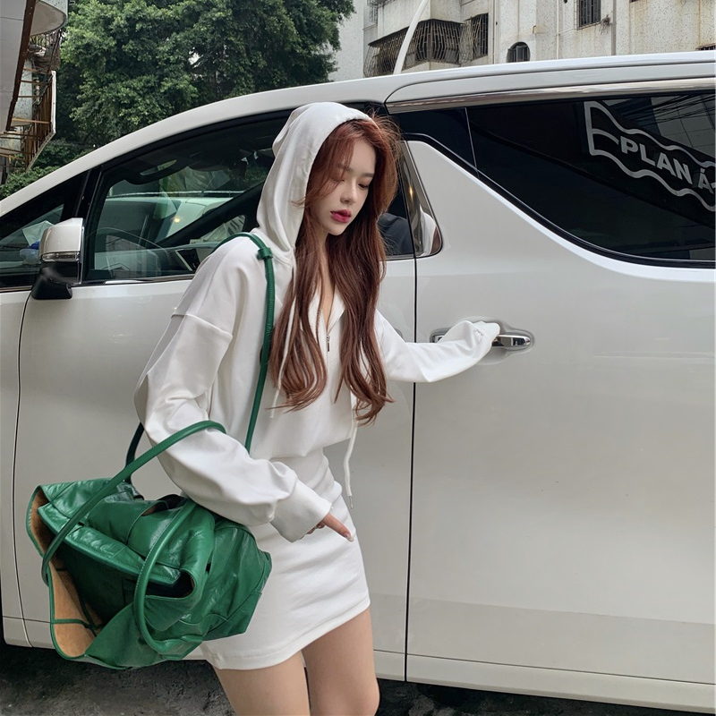 港味白色连帽卫衣胖mm抽绳短裙