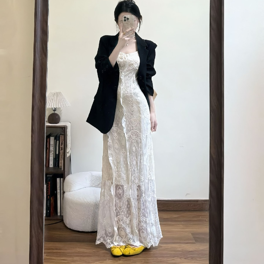 韩系高级感西装蕾丝裙一整套穿搭