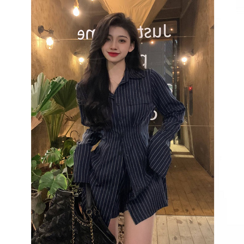 大码胖mm纯欲高级感条纹衬衫连衣裙短裤女春辣妹性感衬衫裙两件套