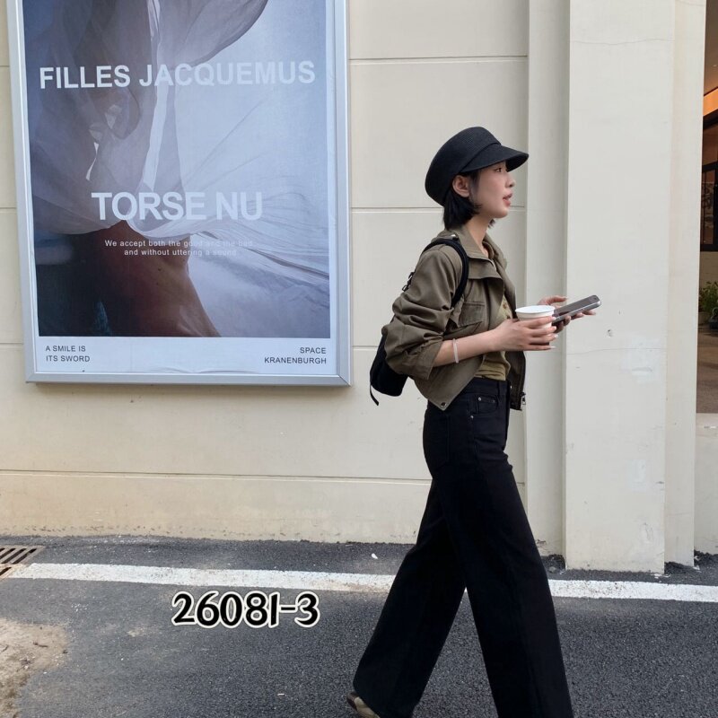 小松菜26081新品2026秋款简洁时尚宽松拖地高腰窄版牛仔阔腿裤