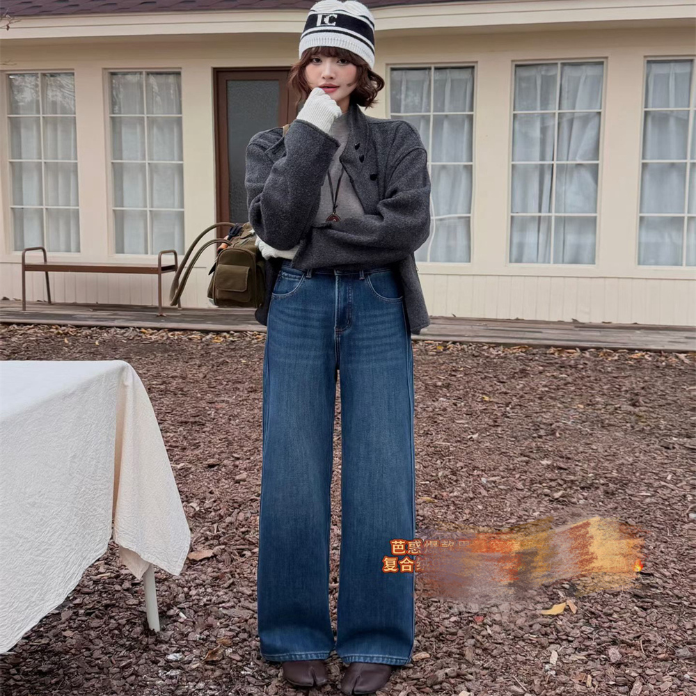芭惑92305新品2025冬款简洁时尚宽松拖地高腰窄版复合牛仔阔腿裤