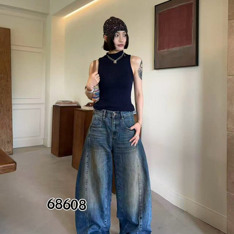 索玛拉68608秋款新品简洁时尚百搭高腰时尚宽松无弹牛仔气球裤