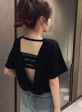 ins超火短袖T恤女2022夏季宽松韩版潮原宿风bf心机露背半袖上衣服