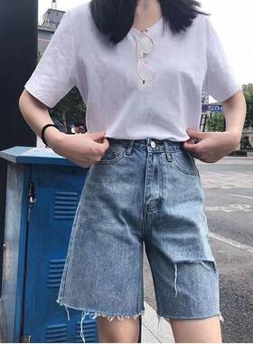 牛仔五分裤女宽松直筒中筒裤港风破洞中裤潮外穿老爹裤中长款短裤