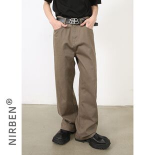 nirben牛仔|美式复古简约纯色休闲牛仔裤男宽松直筒百搭长裤子