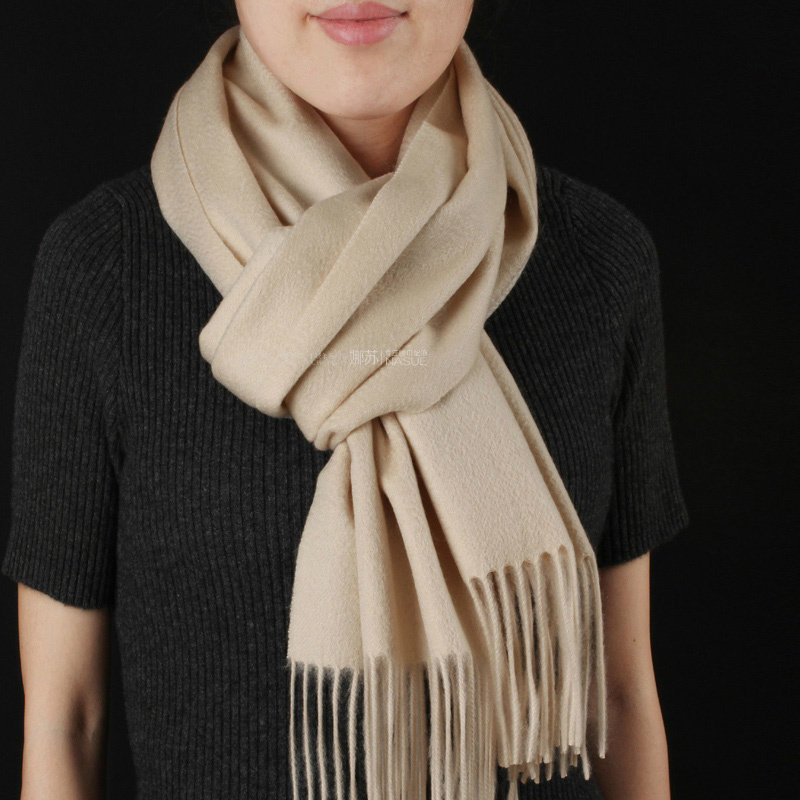 中长款水波纹羊绒围巾女秋冬款披肩两用冬季保暖护颈百搭纯色米色