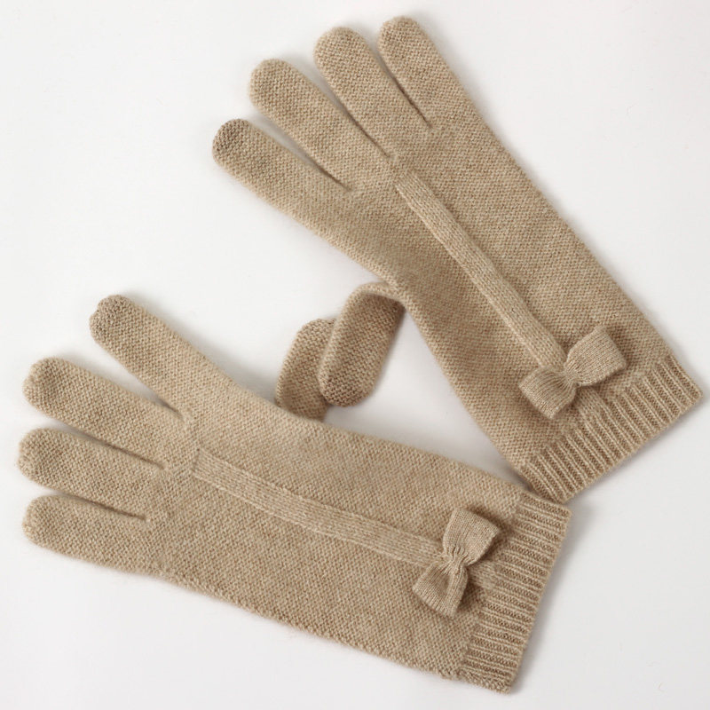 时尚蝴蝶结羊绒触屏手套女秋冬季保暖针织分指加长袖个性女生米色