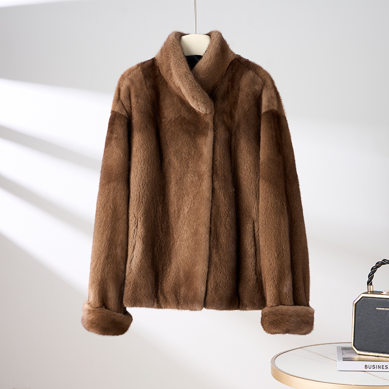 紫标落肩宽松天鹅绒貂皮大衣女