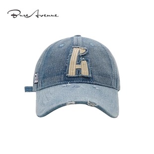 【正品现货】Bure Avenue破洞牛仔布棒球帽子A字母刺绣鸭舌帽男女