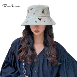 Bure Avenue小熊渔夫帽女夏季休闲户外刺绣盆帽显脸小防晒太阳帽