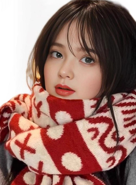 Bure Avenue圣诞节菱格含羊毛围巾女冬季红色针织保暖加厚围巾