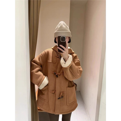韩系麂皮绒连帽毛一体外套