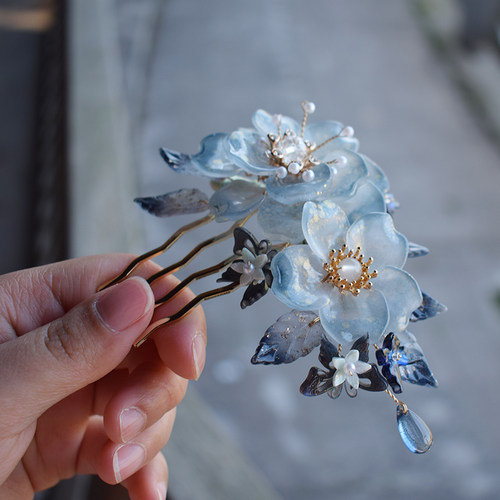 帝慕卿手作琉璃发簪流苏汉服配饰古风发饰渐变蓝琉璃发梳挚亦插梳