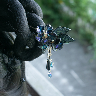 慕卿暗色琉璃钗花朵发簪发饰流苏盘发配饰步摇簪子汉服旗袍