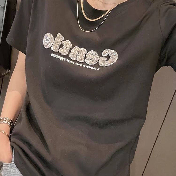 纯棉欧洲站女装短袖t恤女2025新款镶钻字母小众体恤漂亮白色上衣
