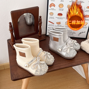 女童靴子2025新款公主鞋儿童皮鞋秋冬季女宝宝小短靴加绒鞋子白色