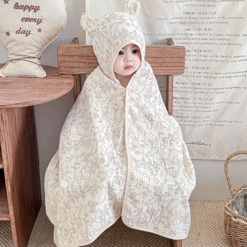 婴幼儿纱布斗篷卡通连帽式儿童洗澡巾柔软吸水不易掉毛宝宝浴巾